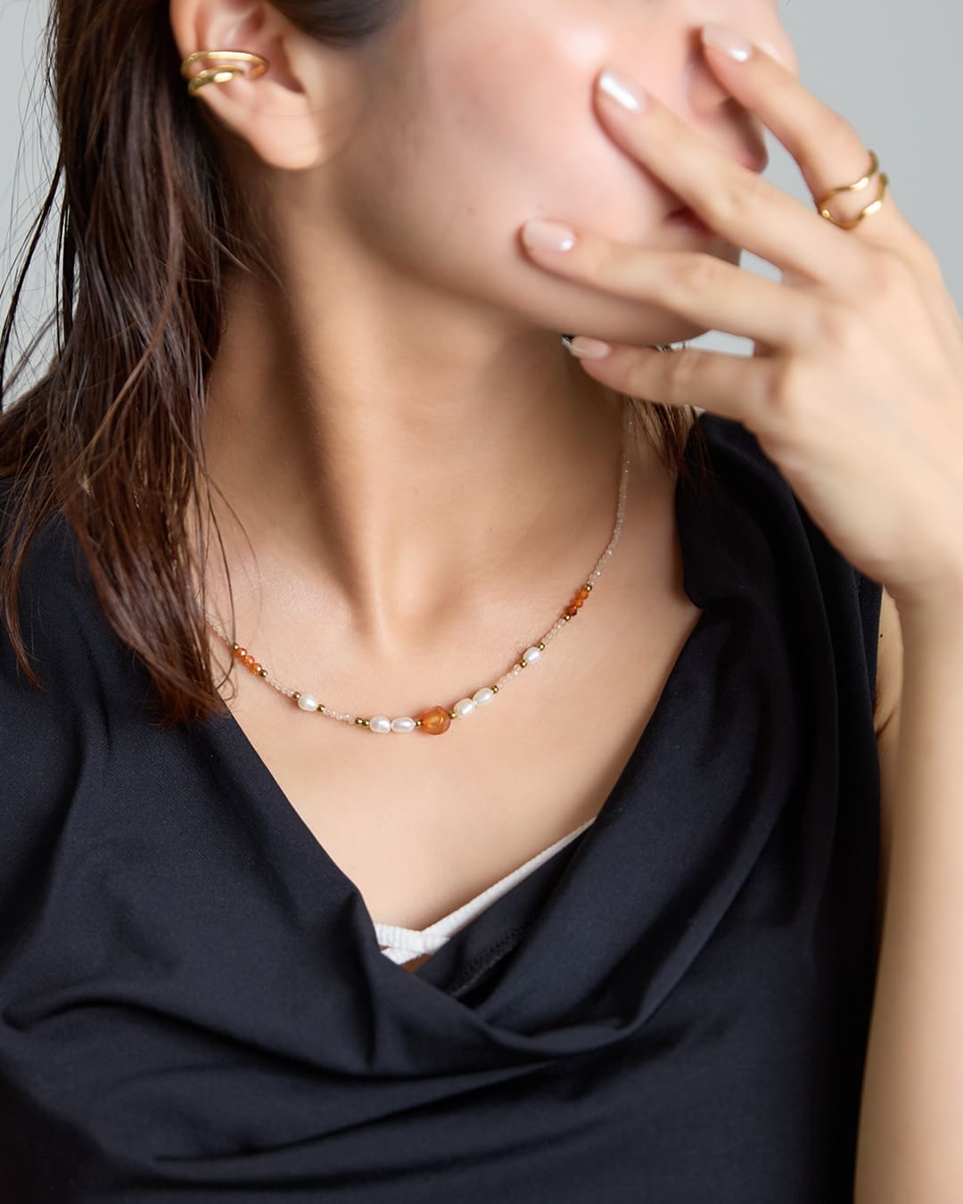 6/12(金)20:00～発売】【18KGP】アンバーカラーパールビーズネックレス