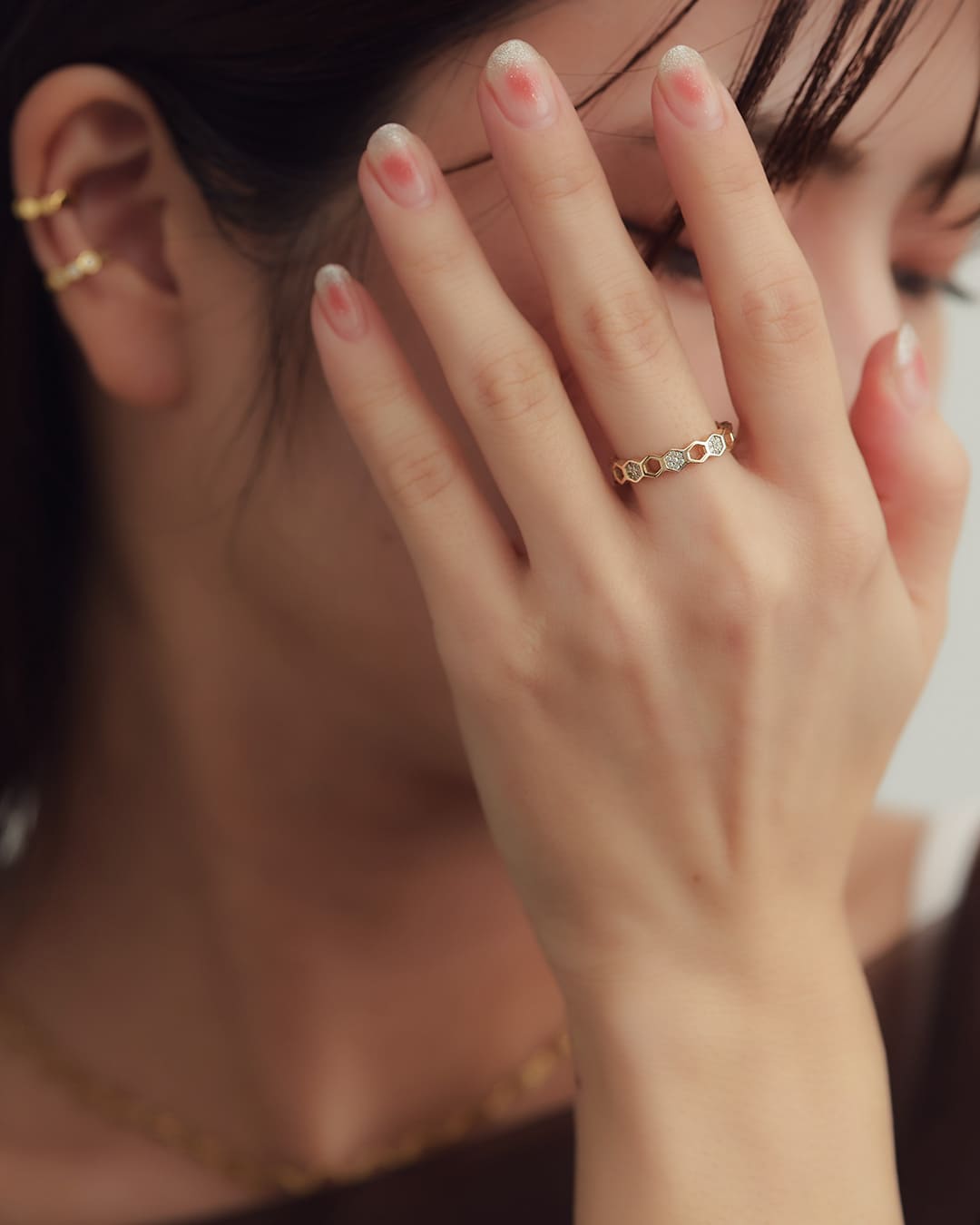 10/10(金)20:00～再入荷】【S925/18KGP】ジルコニアハニカムライン